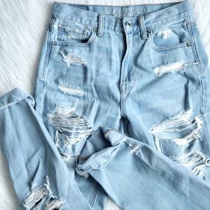 American Eagle Outfitters High Rise Ripped Jeans - Light Blue